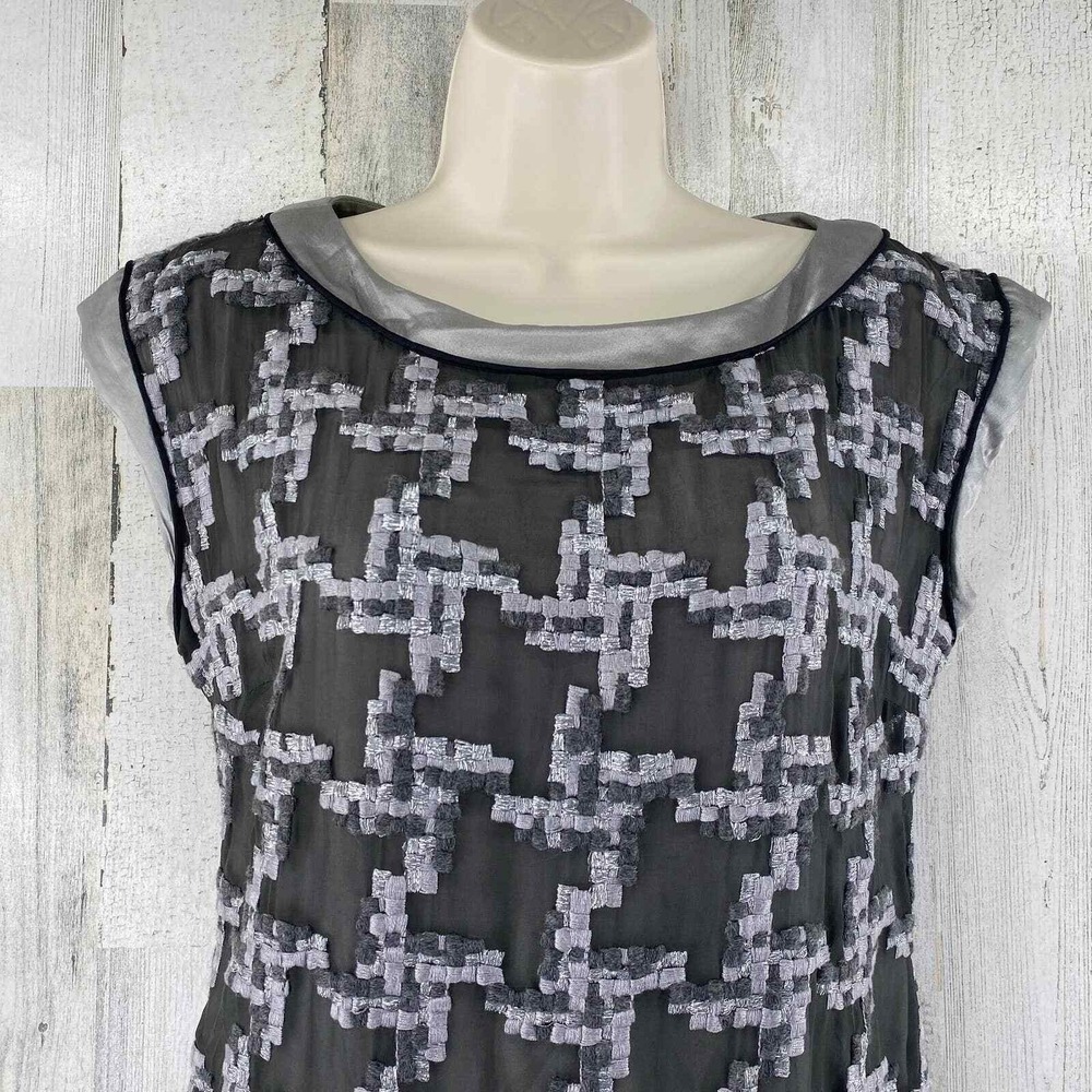 Adam Lippes Dress Womens 2 Geometric Silver Gray Silk Wool Festive Vintage - Picture 5 of 7